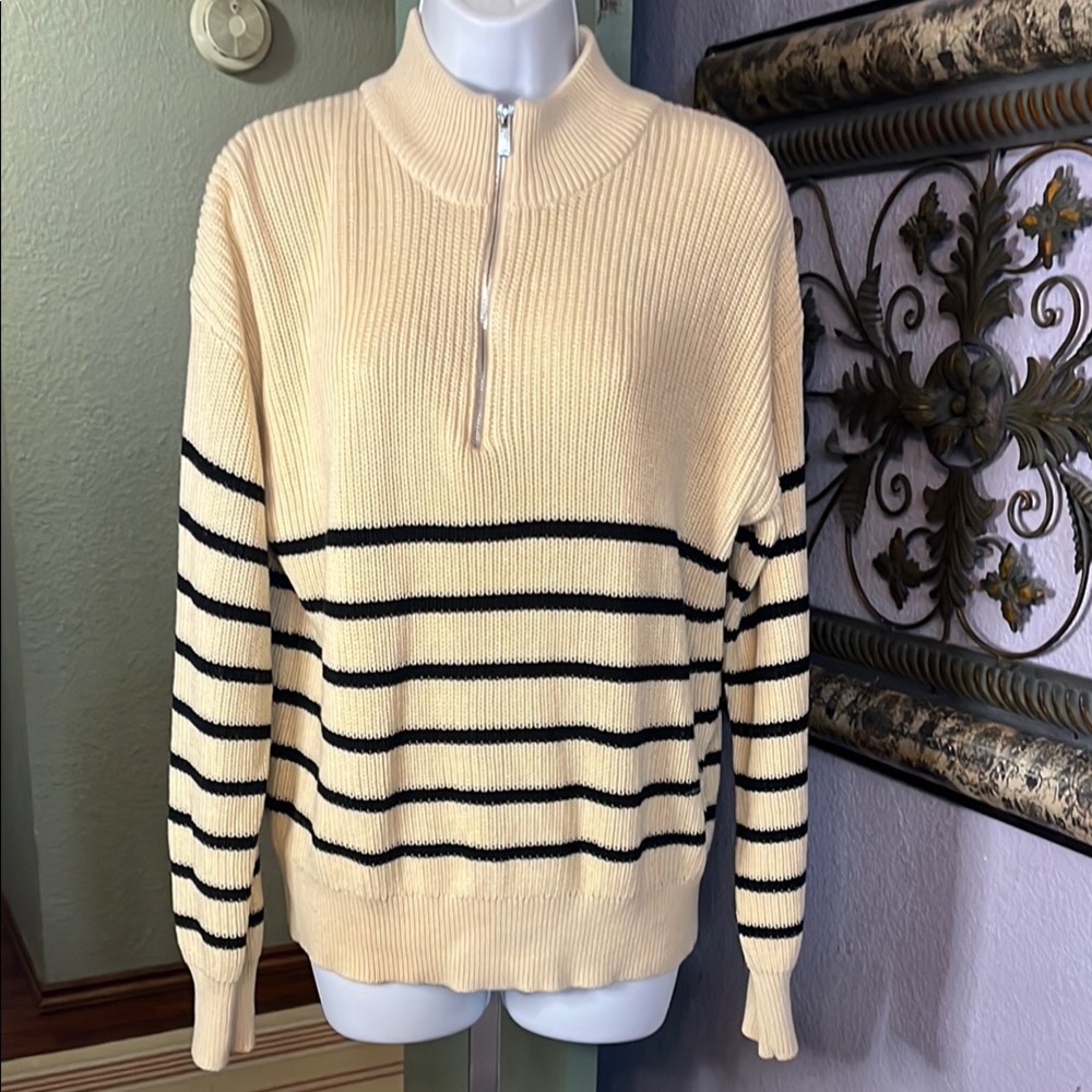 Ampersand Ave Sweater- Cream and Black Striped Turtleneck 1/4 Zip Sz M